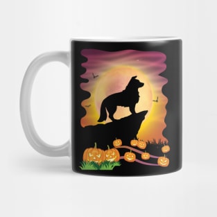 Boder Collie Dog On Mountain & Moon Pumpkins Bat Halloween Mug